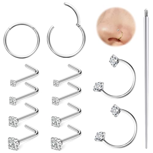 Hoeudjo 18G Horseshoe Nose Ring Surgical Steel Hinged Nose Hoops for Women Nose Studs 1.5MM/2MM/2.5MM/3MM Cubic Zirconia Bone & Screw & L-shaped Nostril Ring Body Piercing Jewelry for Women Men - color: silvertone,L-shaped nose studs, size: 1.5/2/2.5/3mm