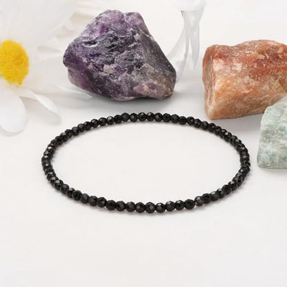 Healing Crystal Bracelet Clear Quartz Faceted Beaded Bracelets for Women Men 3mm Natural Stone Adjustable Handmade Stretch Bracelet Reiki Spiritual Jewelry Fashion Gifts - color: Black Obsidian