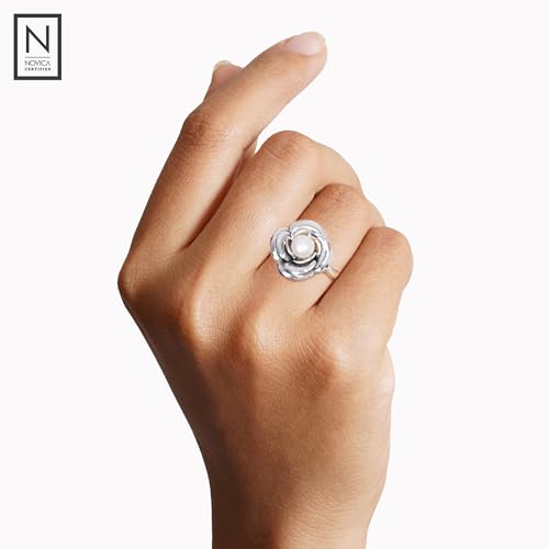 NOVICA Artisan Handmade Pearl Flower Ring Crafted Sterling Silver White Single Stone Indonesia Floral Birthstone Peace [crownbezel 0.4 in H x 0.6 in Diam. Band Width 2 mm W] ' White Rose'