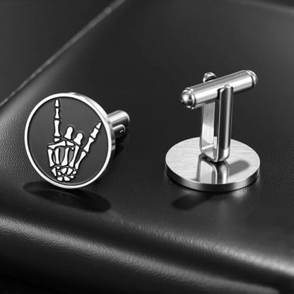 Dreamtimes Rock Skull Hand Cufflinks Halloween Shirt Cufflinks Figurine Sign Language Cuff Links Rock On Hand Gesture Stainless Steel Novelty Cuff Links for Men - style: Style 2-S