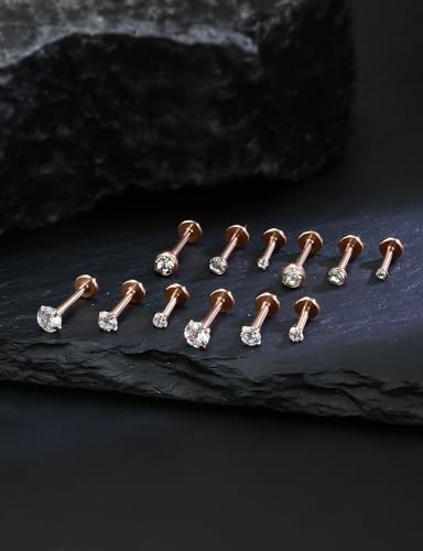 16G Internal Thread Flat Back Earrings Nose Studs 316L Surgical Steel Medusa Labret Monroe Lip Ring Tragus Forward Helix Conch Cartilage Lobe Earrings Stud Piercing Jewelry For Women Men - color: Rose Gold-Clear CZ