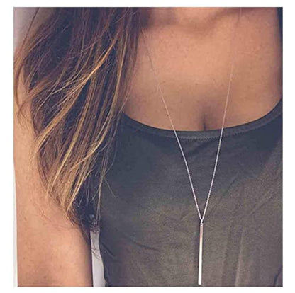 Artmiss Bar Pendant Necklace Gold Long Y-Necklace Delicate Lariat Chain Jewelry for Women - color: Silver