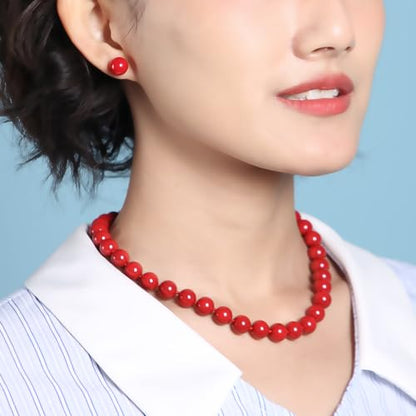 Red Hand Knotted Faux Pearl Jewelry Set for Women, Necklace Earrings | Glass Material, Gift, Party - style: 10MM 18inch Red