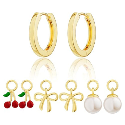 Freekiss Gold Huggie Earrings with 3 Charms for Women | 14K gold-plated huggie hoops with cherry, bow, and pearl charms for interchangeable daily styling, parties, and gifts - color: Pearl Cherry Bow-GD