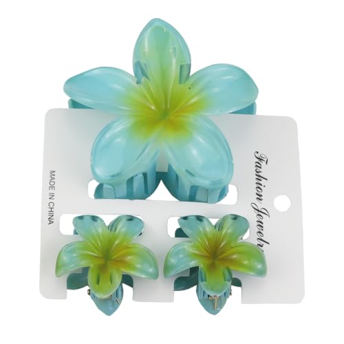 Flower Hair Claw Clip Set,1 Pc Large and 2 Pcs Small Hawaiian Plumeria Claw Clips,Beach Tropical Hair Accessories for Women (Blue) - color: Blue