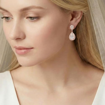 Mariell Cubic Zirconia Crystal Teardrop Dangle Bridal and Wedding Earrings, CZ Jewelry for Brides, Bridesmaids, Homecoming, Prom and Dressy Everyday Wear - color: Rose Gold-Clear Cubic Zirconia