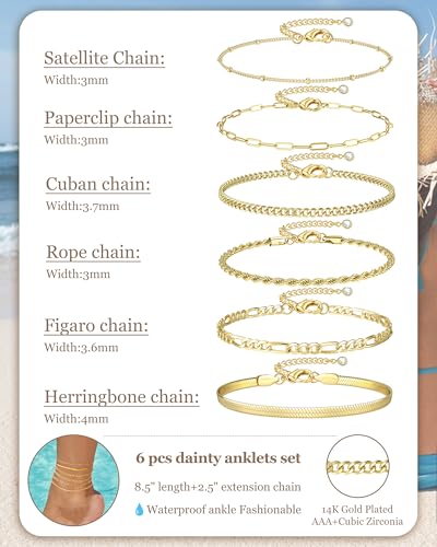 Besteel Ankle Bracelets for Women Waterproof 14K Gold Plated Anklets Set | Non Tarnish Stainless Steel, Plus Size Adjustable 8-12 Inch, Hypoallergenic Layered Cuban Link Chain Summer Foot Jewelry Gift - style: 6 Pcs Gold Cuban-8.5+2.5 Inch