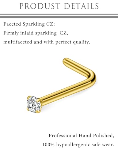 Hoeudjo Nose Studs Surgical Steel Cubic Zirconia Nose Rings Kit for Women Men Tiny Nose Stud Screw & Bone & L Shaped Nostril Piercing Jewelry 24-18 Gauge 20 Pieces Set - color: gold-tone,L-shaped nose studs, size: 22g/1.5mm clear CZ