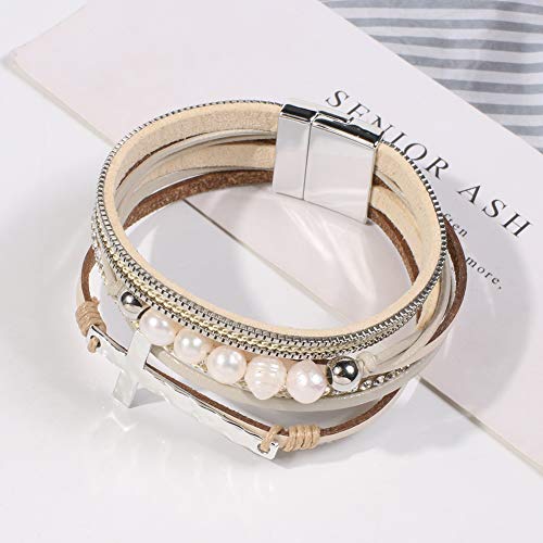 Vercret Leather Wrap Bracelet for Women, Multi-Layer Cuff Bangle | Boho Stacked Bracelets with Safe Clasp Western Bangle Jewelry Gift for Lady and Mom Sister Friend - style: Pearl Cross Beige