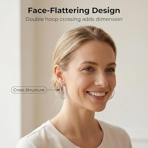 18K Gold Plated Crossover Double Hoop Earrings, 40mm Big Hoops | 925 Sterling Silver Post, Criss Cross X-Shape Loop, Lightweight Chunky Stackable, Everyday Trendy Statement Jewelry for Women - color: Silver