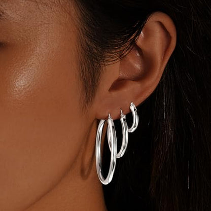 5 MM Wide Thick Chunky Gold Hoop Earrings for Women Trendy, Hypoallergenic Large Big Hoops with Sterling Silver Posts, Lightweight Hollow Tube Real Gold Hoop Jewelry 30/40/50/60/70 MM - color: Silver, size: 4mm-60mm
