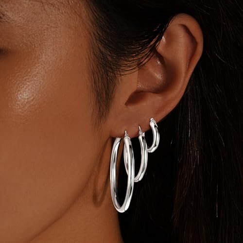 5 MM Wide Thick Chunky Gold Hoop Earrings for Women Trendy, Hypoallergenic Large Big Hoops with Sterling Silver Posts, Lightweight Hollow Tube Real Gold Hoop Jewelry 30/40/50/60/70 MM - color: Silver, size: 4mm-40mm
