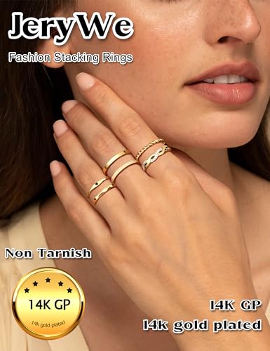 JeryWe 6 Pcs Stainless Steel Rings for Women Set Knuckle Rings Stackable Simple Carve Heart Wedding Bands Engagement Promise Eternity Bands Thumb Rings for Women - color: 14K Gold Plated