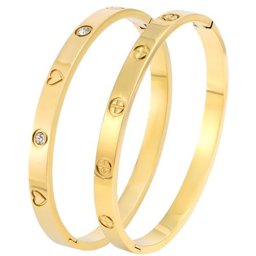 Camhanno Gold Bangles for Women - Stainless Steel Love & Friendship Bracelet Set with Gift Box | Daily Wear & Party Jewelry - color: 2Pcs Gold Set Style 5