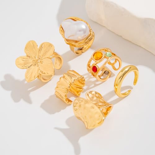 3/6 PCS Silver Chunky Pearl Rings Set for Women Gold Baroque Pearl Flower Open Ring Adjustable Crystal Large Ring Set Personalized Statement Knuckle Rings Fashion Costume Jewelry Accessories - color: crystal gold