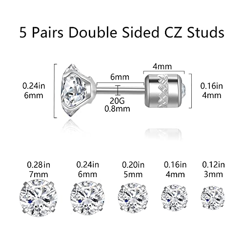 Titanium Surgical Steel CZ Screw Back Stud Earrings Set Hypoallergenic | Cubic Zirconia, Stainless Steel, Mens, Small, Dainty, Silver, Hypoallergenic for Sensitive Ears, Lobe, Cartilage, Helix - color: Round Clear - 3/4/5/6/7mm