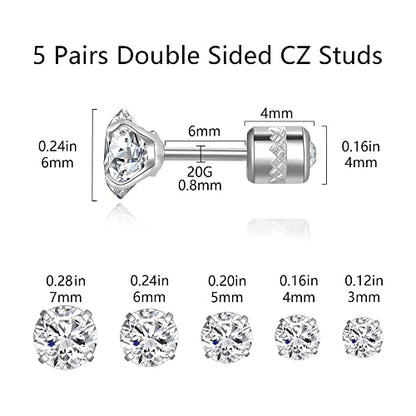 Titanium Surgical Steel CZ Screw Back Stud Earrings Set Hypoallergenic | Cubic Zirconia, Stainless Steel, Mens, Small, Dainty, Silver, Hypoallergenic for Sensitive Ears, Lobe, Cartilage, Helix - color: Round Clear - 3/4/5/6/7mm