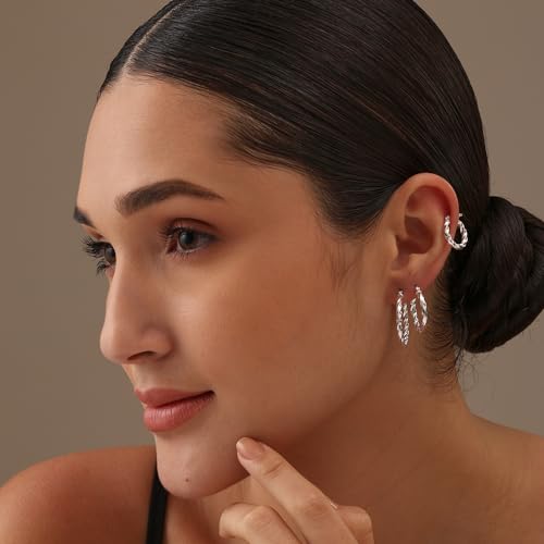 Charmsy Set of 3 Pairs 925 Sterling Silver Hoop Earrings for Women | Lightweight Italian 2.5mm Tube Diamond-Cut Classic Texured Click-Top Hoops Earring | Size 12/13/15/18/20/25mm - color: Twist-15/20/25mm