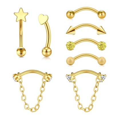 VCMART 16g Rook Earring Piercing Jewelry Stainless Steel Curved Barbell Eyebrow Rings Piercing Jewelry Vertical Labret Lip Jewelry Ear Rook Daith Surface Tragus Small Belly Button Ring for Women Men - color: A1 -gold