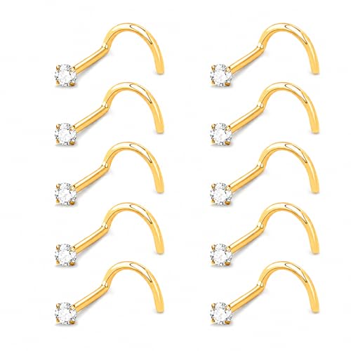 20G Nose Rings for Women, L Shaped Nostril Piercing Studs | 316L Stainless Steel, 0.8 mm×7 mm, 2 mm CZ or 3-4 mm Heart, Star, Moon and Cross, Gold-Tone or Silver-tone, Daily Wear - style: Sunlight Gold