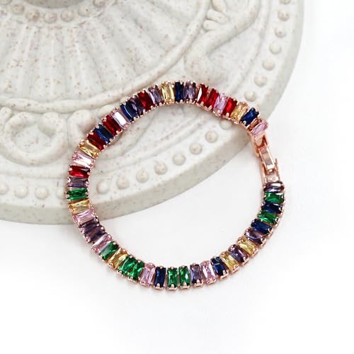 Uloveido 2.5 * 6mm Cubic Zirconia Rectangular Tennis Bracelets for Women | Classic Emerald Cut Faux Diamond Eternity Bracelet Size 6.5-7.5 Inch - color: Rose gold-multi, size: 6.5 inch