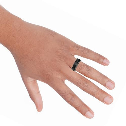 Brilliant Expressions Men’s Tungsten Carbide Wedding Band – 8mm Black Satin Center Ring with Diagonal Woven Line Design, Smooth Round Edges, Comfort Fit, Scratch Resistant & Hypoallergenic