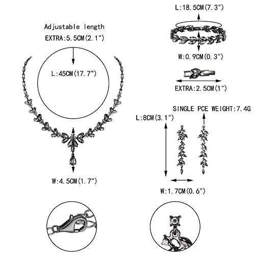 EVER FAITH Marquise Crystal Leaf Bridal Prom Jewelry Set for Women Bride | Rhinestone Wedding Party Necklace Dangle Earrings Tennis Bracelet, for Bridesmaid - color: Grey Black-Tone