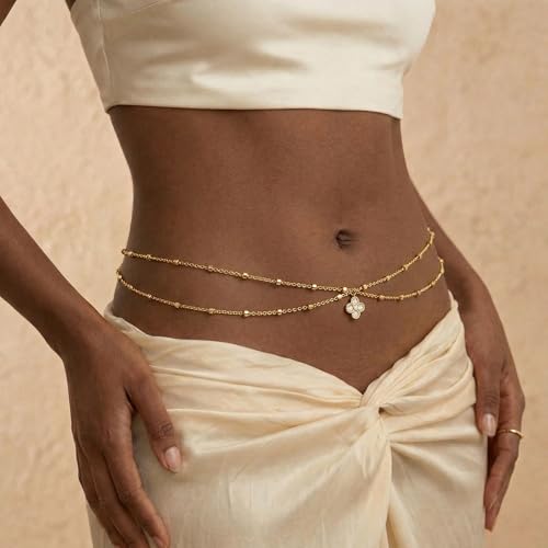 14K Gold Plated Waist Chain for Women, Layered Belly Belt Chains Beach Waist Beads Chain Waterproof Body Chain Summer Jewelry Accessories for Women - style: GD-1