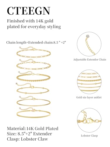 14K Gold/Silver Plated Anklets for Women Layered Anklet Set | Non Tarnish Waterproof Brass Ankle Bracelet, Adjustable Lightweight Dainty Hypoallergenic Chain, Beach Vacation Summer Gift - style: Style4
