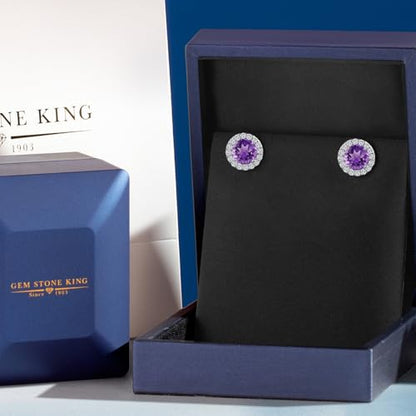 Gem Stone King 14K White Gold 6MM Round Gemstone Birthstone Stud Earrings with Removable Jackets and Lab Grown Diamond Accents | Gold Earrings For Women | Fine Jewelry Gift for Her Mom Women Wife - color: Amethyst-February