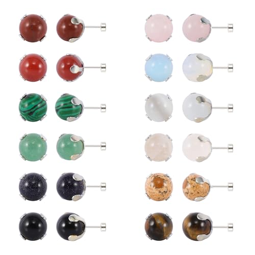 12 Pairs Multi Natural Gemstone Round Bead Ball Stud Earrings Stainless Steel Opal Tiger Eye Rose Quartz Onyx Stone Stud Earrings Set for Women - color: Silver flatback 10mm