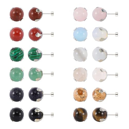12 Pairs Multi Natural Gemstone Round Bead Ball Stud Earrings Stainless Steel Opal Tiger Eye Rose Quartz Onyx Stone Stud Earrings Set for Women - color: Silver flatback 8mm