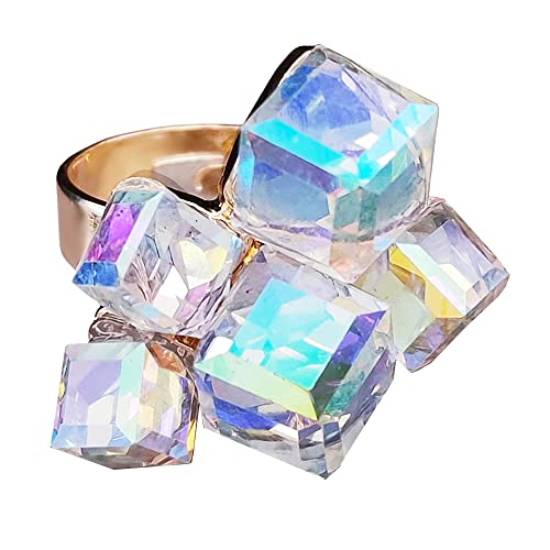 Hebelee Boho Square Crystal Statement Ring for Women Adjustable | Gold-Toned Expandable Promise Engagement Geometric Rings Comfort Fit Elegant Art Deco Christmas Cocktail Y2K Jewelry - color: AB Crystal