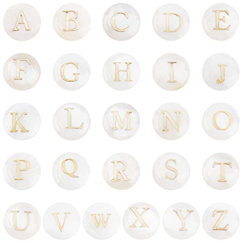 PH PandaHall 52pcs Alphabet A-Z Beads, Freshwater Shell Beads 8mm Summer Seashell Bead Flat Round with Letter Initial Bead Ocean Beach Spacers for Boho Necklace Bracelet Earring Jewelry Making