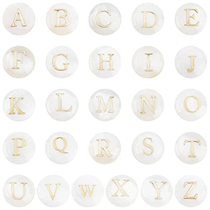 PH PandaHall 52pcs Alphabet A-Z Beads, Freshwater Shell Beads 8mm Summer Seashell Bead Flat Round with Letter Initial Bead Ocean Beach Spacers for Boho Necklace Bracelet Earring Jewelry Making