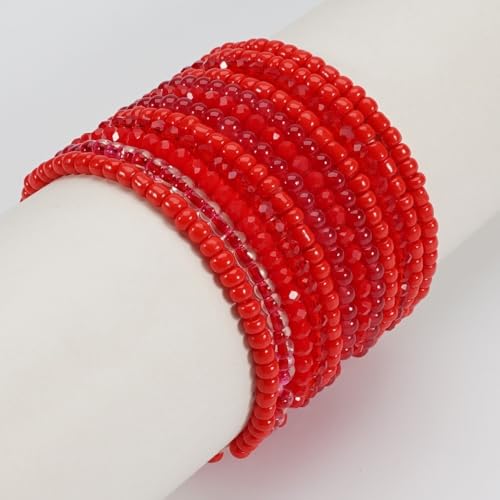 12Pcs Bohemia Multilayer Resin Seed Beaded Stackable Bracelets Colorful Crystal Glass Beads Stretch Bracelet BFF Friendship Elastic Wristbands for Women Men Summer Beach Boho Vacation Jewelry - color: Red