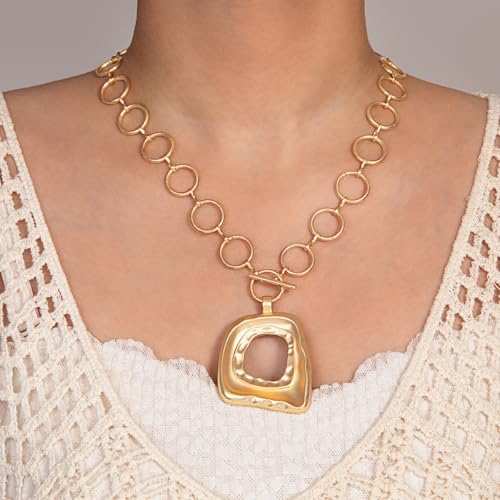 Sora Tuki Gold Chunky Necklace for Women Trendy Big Silver Statement Necklace Large Heart Hollow Square Necklaces Bold Thick Chain OT Toggle Necklaces Boho Chunky Jewelry - color: Style 2 - Gold-Square