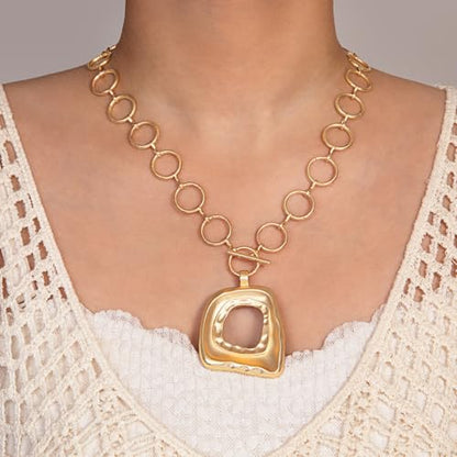 Sora Tuki Gold Chunky Necklace for Women Trendy Big Silver Statement Necklace Large Heart Hollow Square Necklaces Bold Thick Chain OT Toggle Necklaces Boho Chunky Jewelry - color: Style 2 - Gold-Square