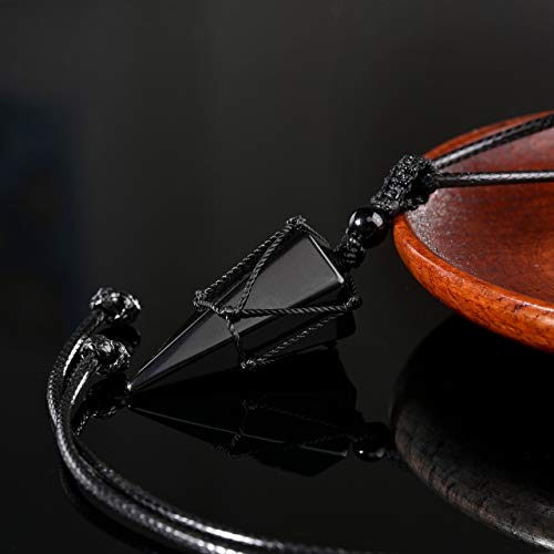 Top Plaza Mens Necklace, Crystal Gemstone Protection Pendant Necklace | Healing Crystals Necklace for Men Adjustable 6 Facet Pointed Necklace Energy Natural Quartz Protect Jewelry Gifts - color: Black - Black Obsidian