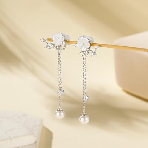 Awinesn Clip on Earrings Dangle Pearl Drop Clip Earrings for Women Trendy Dangle Chain Dainty Flower Wedding Earrings for Brides 14K Gold Plated Statement Non Pierced Earrings for Women Sparkly Jewelry - style: fugu-flower-s