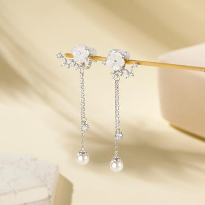 Awinesn Clip on Earrings Dangle Pearl Drop Clip Earrings for Women Trendy Dangle Chain Dainty Flower Wedding Earrings for Brides 14K Gold Plated Statement Non Pierced Earrings for Women Sparkly Jewelry - style: fugu-flower-s