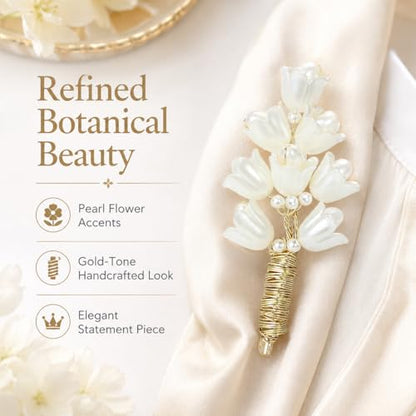 Flower Brooch for Women Rhinestone Pearl Zirconia Flower Lapel Pin Birthday Holiday Gift for Mother Wife Girlfriend - color: 08 Lily of the Valley-5