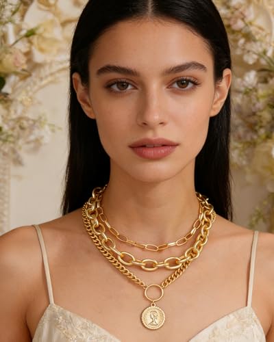 Gold Layered Necklaces for Women Chunky Layered Gold Link Chain Necklaces Trendy Paperclip Herringbone Toggle Clasp Necklace Statement Jewelry Accessories for Her - color: A6:chunky gold necklace