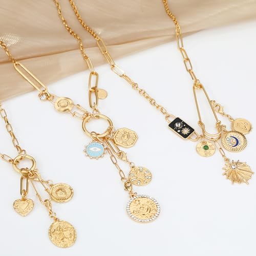 Charm Necklace for Women Gold Evil Eye Sun Moon Flower Coin Pendant Necklace Dainty Paperclip Chain Vintage Luck Amulet Choker Necklaces Celestial Jewelry Gift - style: Detachable- Sun, Moon, Star