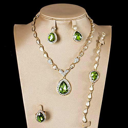 Womens Luxury Africa Dubai 18k Gold Plated Jewelry Sets Wedding Rhinestone Crystal Bib Statement Necklace Earrings Set for Brides Party Prom - color: Green 3
