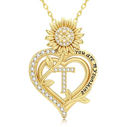 14K Gold Sunflower Initial Necklaces for Women | Heart Letter Pendant You Are My Sunshine Jewelry Gifts - style: T