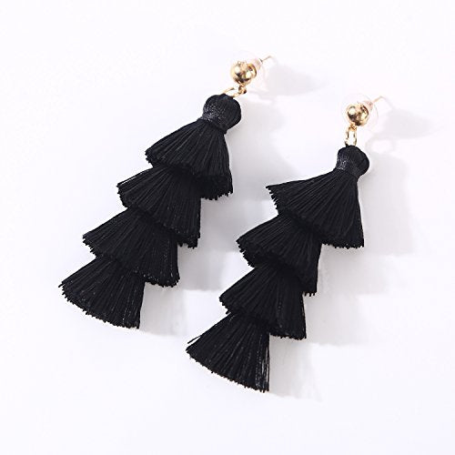BaubleStar Bohemian Layered Tassel Drop Earrings for Women | Lightweight Statement Party Festival Jewelry - color: Black
