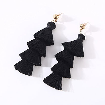 BaubleStar Bohemian Layered Tassel Drop Earrings for Women | Lightweight Statement Party Festival Jewelry - color: Black