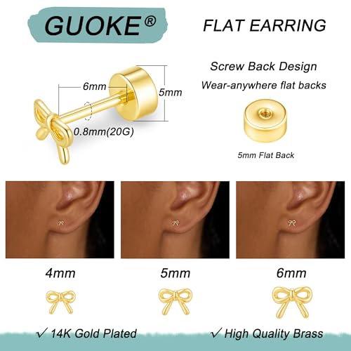 3 Pair Tiny Flat Back Earrings for Women - 14K Gold/White Gold Plated Dainty Cute Small Screw Flatback Stud Earring, Everyday Wear Gift - color: Bow Flat-4/5/6mm Gold
