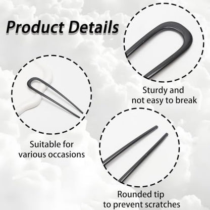 2 Pcs Black French Hair Pins, Metal French Twist Hair Pins for Buns, Curls and Updos, 5.6 Inches U Shaped Chinese Hair Sticks, Hairstyle Accessories for Women Girls (2 Black) - color: Black